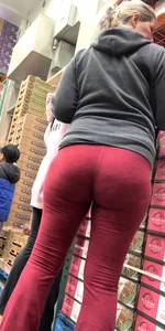 Pawg in red yoga pants bends over, upshots, long follow