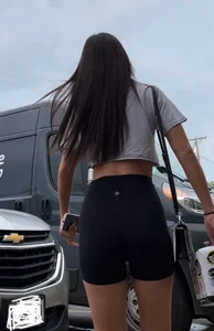 Fit brunette spinner in crop top and spandex shorts VTL