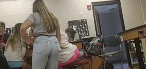 Blonde candid college teen wearing pink leggings, sneaky photos in class