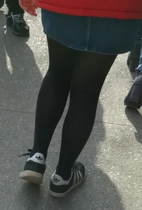 Girl out in denim skirt and tight stockings with nice legs