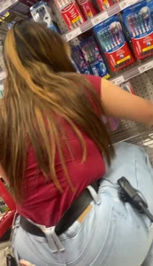 Thick target Asian baddie in tight jeans (bending over)