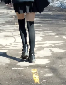 Teen candid girl wearing a skirt and stockings on her skinny legs street creepshot