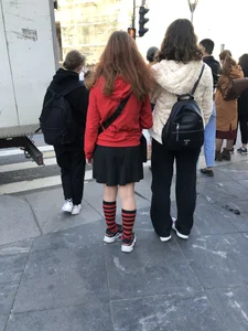Cute candid teen wearing a skirt and knee-socks street pics