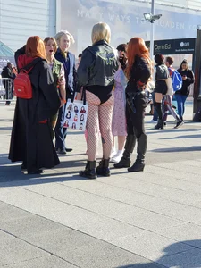Stocky Blonde in Fishnet Pantyhose Street Creepshot
