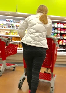 Target blonde milf shopping in patterned leggings with a nice booty