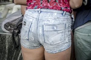 Teen in tight denim shorts