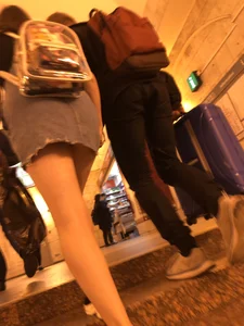 Girl in a Blue Denim Skirt Walking Up the Stairs So Her Panties Flashing - Subway Upskirt Creepshot