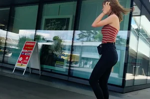 Pretty redhead teen in tight black jeans with an amazing ass walking down the street creepshots