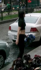 Cute Skinny Girl in a Top with Flat Tummy Street Candid