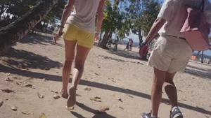 Milf in yellow shorts with vpl and a wedgie