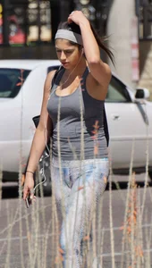 Flat ass brunette walking in leggings with big boobs