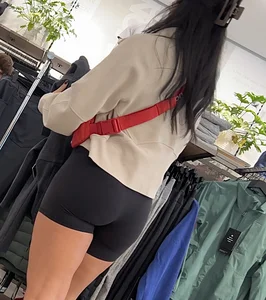 Sexy LuLu Lemon employee in tight black biker shorts