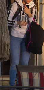 Girl next door teen walking to car in various tight jeans