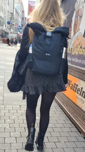 Blonde Teen With a Backpack in a Skirt And Black Pantyhose Street Creepshot