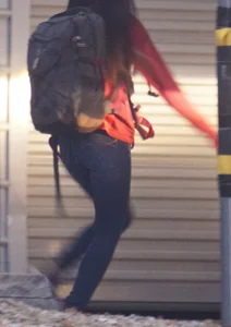 Girl next door teen walking to car in various tight jeans