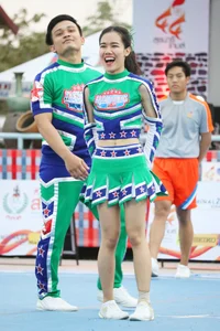 Bunch of athletic Thai cheerleaders at a competition