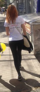 Cute Skinny Candid Redhead Teen in Leggings Walking Down the Street