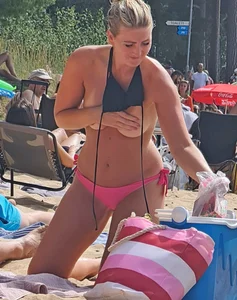 Swedish Beach Babe In Black and Pink Bikini