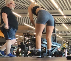 Cute gym blonde with orange hair ribbon