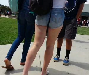 Hot Chunky Legs in Blue Denim Shorts Street Closeup