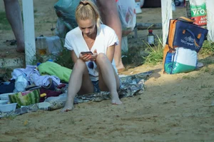 Cute Hot Blonde Sitting on Sand on the Beach with Spread Legs Candid Photos
