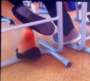 College teens dangling their shoes under desk in class, some vids and pics