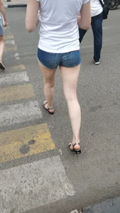 Milf in Jeans Mini Shorts and Sandals City Candid - Skinny Legs with Pale Skin