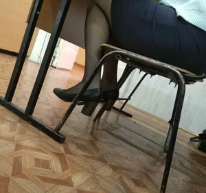 Legs in Black Pantyhose Under Desk Classroom Creepshot - High Heels