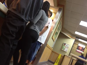 Bubble butt brunette at Wendy's in tight leggings