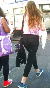 See through leggings girl with a nice ass and purple patterned panties