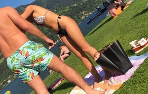 Sexy candid girl in a thong bikini with a nice mound and ass