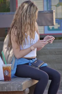 Beautiful babe out walking in leggings and showing some cleavage of her perfect tits