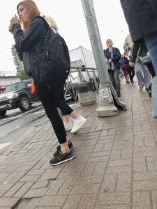 Cute Smoking Girl in Black Tights on the Crosswalk Creepshots Collection
