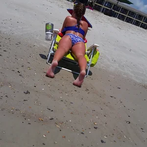 Girl in Swimsuit Lying on the Beach on Sunbed with Spread Legs Creepshots Gallery