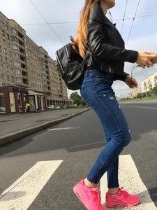 Hot Girl in Tight Blue Jeans And Bright Pink Sneakers on a Crosswalk Street Booty Creepshots Collection
