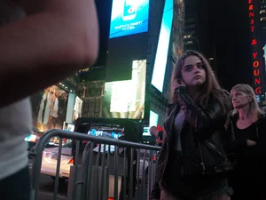 Girl in NYC showing her ass cheeks in denim shorts