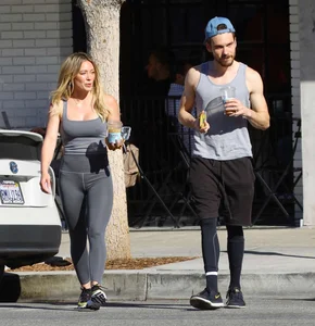 Hilary Duff in grey tights leaving Alfreds Coffee in Studio City