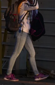 Girl next door teen walking to car in various tight jeans
