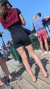Very slim asian in black short legging. (VPL) OC