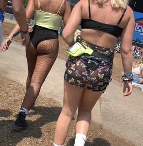 Festival Teens 2: Fit blonde in fishnets, juicy ass with purple pigtails, sexy light skin in sheer pants and black thong