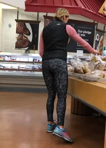 Skinny blonde milf grocery shopping in leggings