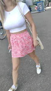 Blonde with Huge Breast in a Pink Skirt Street Candid