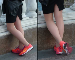 Skinny Legs in Pantyhose Closeup on the Street