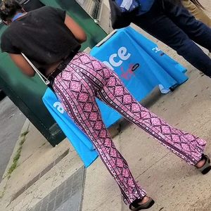 Ebony babes in pink patterned and black leggings with nice asses