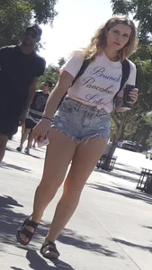 Blonde in cheeky jean short shorts! OC!