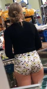 Nice Ass in Shorts With Cute Avocado Pattern and Hot Legs at the Supermarket Creepshot