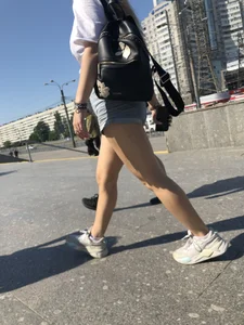 Stocky Girls in Denim Shorts on the Street Stairs Nice Legs Candid Photos