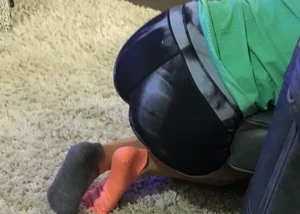 Girlfriend or sister laying down in spandex shorts with a nice ass