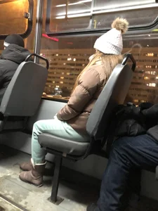 Cute Candid Girl in Pants Getting On a Tram Winter Creepshots, Nice Booty Closeups