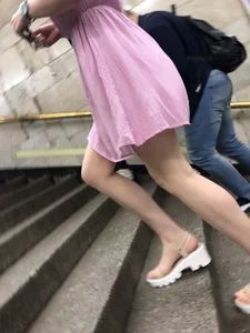 Girl in Sandals and Pink Dress with Hot Skinny Legs Subway Creepshots